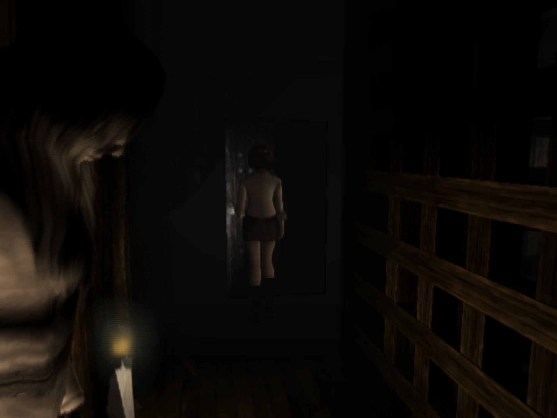 The ghostly shape of a woman emerges from a mirror in the foreground, while a girl in a school uniform walks through an open door further down the hall in the background.