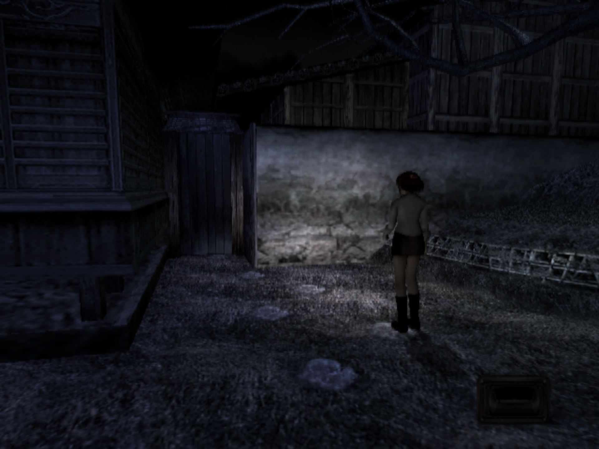 A girl in a school uniform holding a flashlight stands near a wooden door in a moonlit courtyard between a wooden outbuilding and a large bare-branched tree.