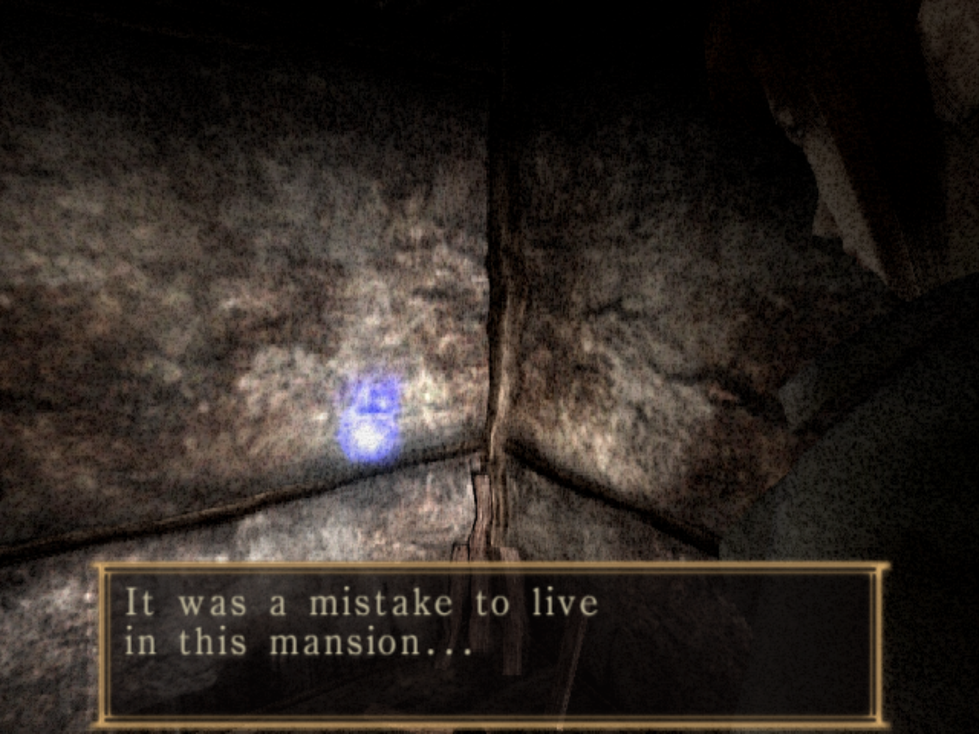 Miku, the protagonist, stares at a bright blue wisp. There's a dialogue box on the screen that says 'It was a mistake to live in this mansion...'
