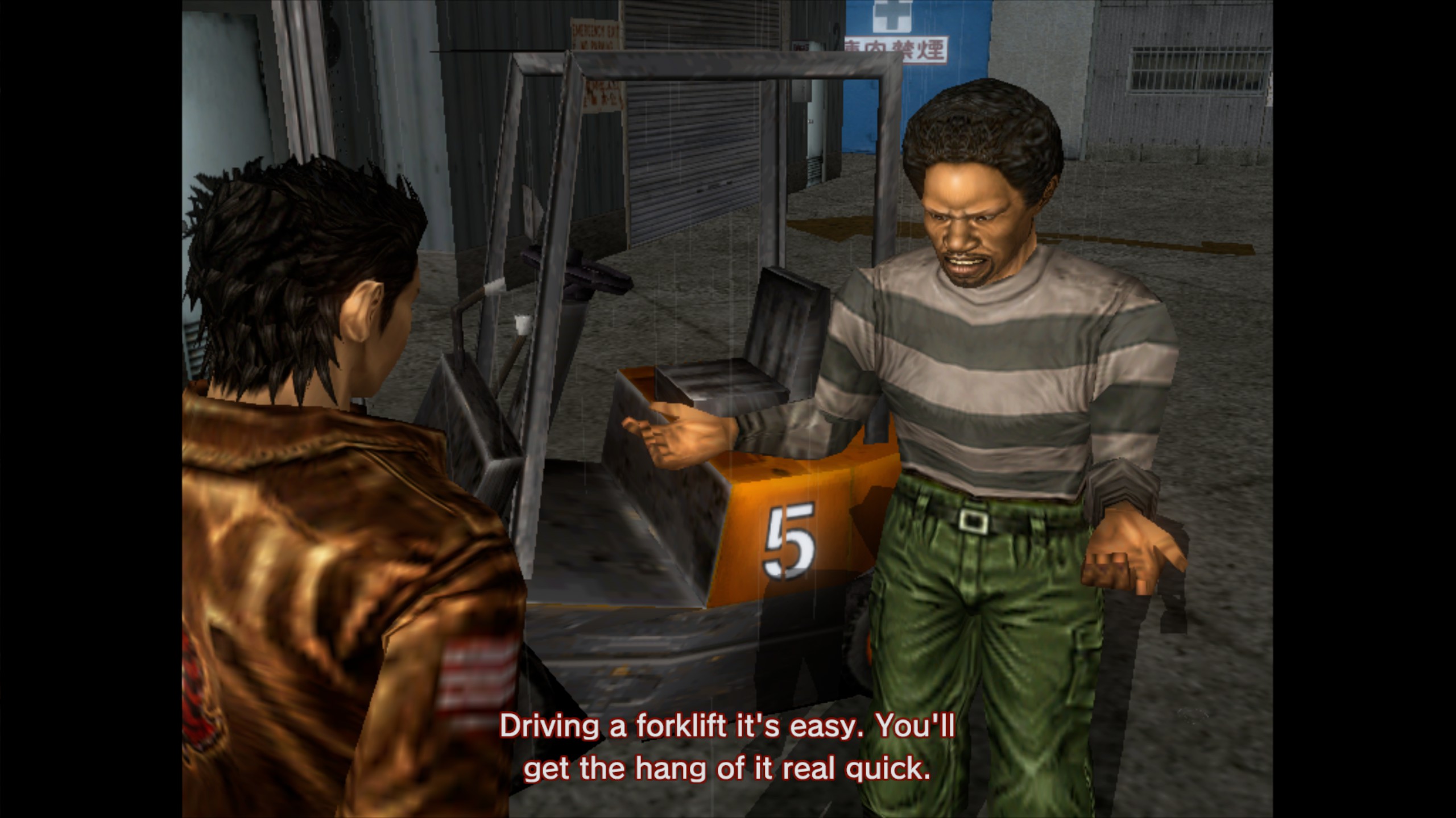 Ryo's boss Mark stands in front of a forklift, explaining that using it is easy