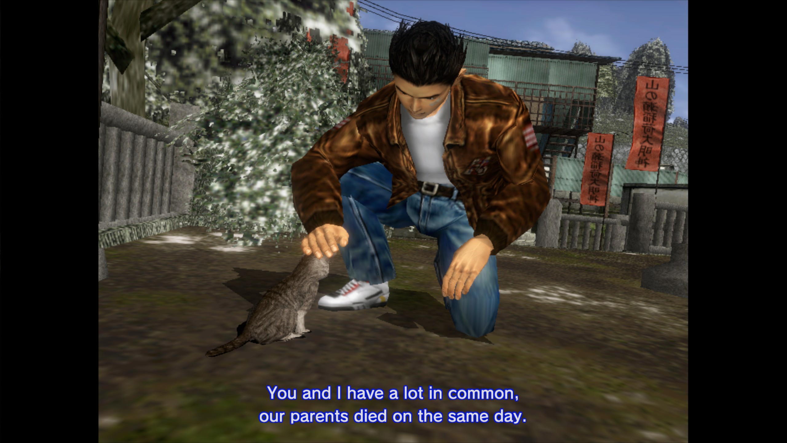 Ryo commiserates with a kitten whose family was killed on the same day his own was