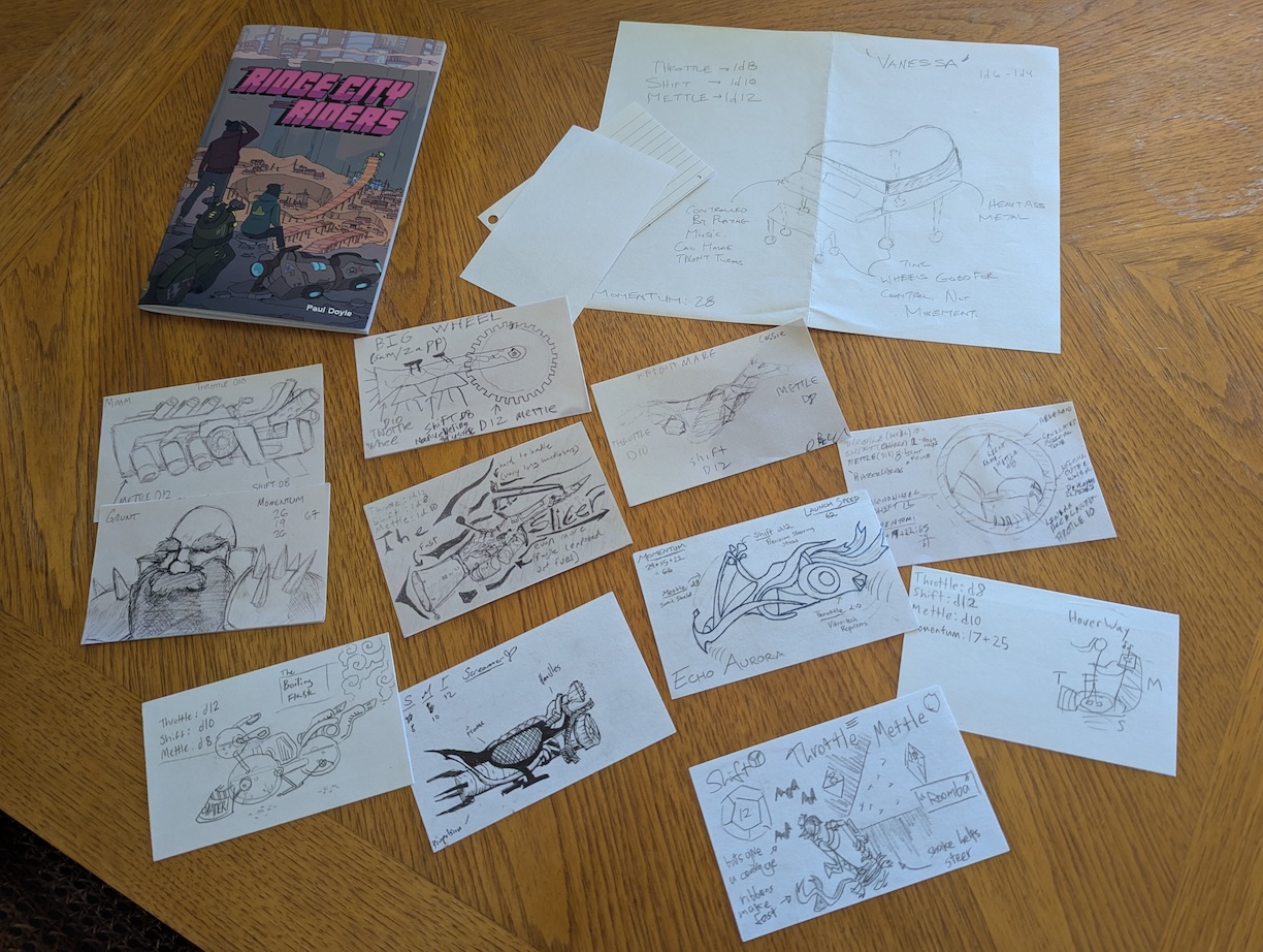 A number of drawings of hoverbikes drawn by various players with various levels of detail and unique designs and concepts: an engine block with a seat, a device with a giant wheel on front, a pointed missile, a horse-shaped bike with folded wings, a bike made of large chemical flasks with bubbling liquid, a sinuous bike with wings and ribbons, not one but TWO segway-inspired designs, a sleek rounded bike with heavy inking, an articulated wheel with a seat in the middle, and a piano on wheels a la the Thousand Miles music video by Vanessa Carlton