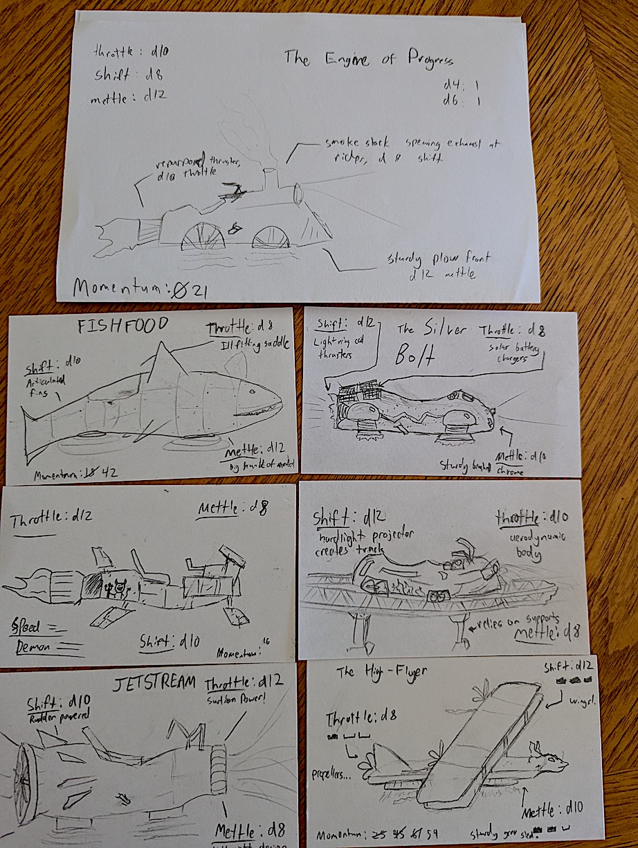 A collection of index cards with sci-fi hoverbike drawings on them, including: one that looks like a metal shark, one that looks like a biplane, one that looks like a roller-coaster car, a bike that uses fans and suction, a more standard one with a cartoon devil painted on the side, one that looks like a train, and a rounded bike with electric coils.