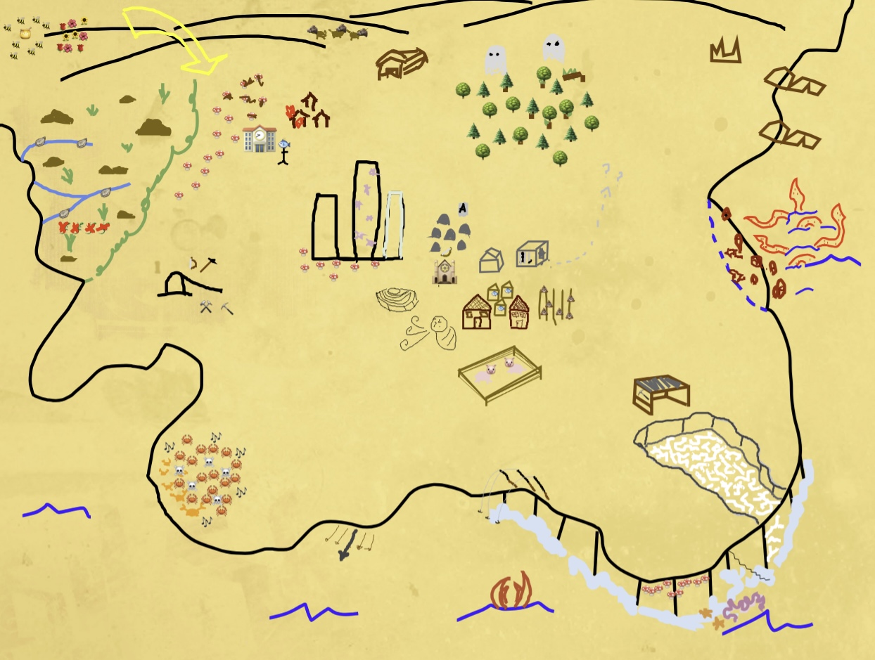 A digitally drawn map of a peninsula with various features including marshlands to the west, cliffs in the south, a sea monster of some sort off the eastern coast, and hills to the north. There are various other drawings and clusters of emoji of varying clarity, indicating things like a pig-pen, a mine entrance, a crab rave, a small village center, docks, and a forest.