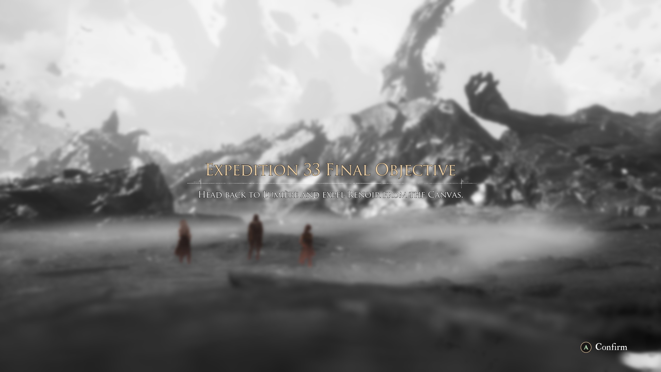 A screenshot of Clair Obscur: Expedition 33 depicting text on screen that reads 'Expedition 33 Final Objective: Head back to Lumière and expel Renoir from the Canvas'