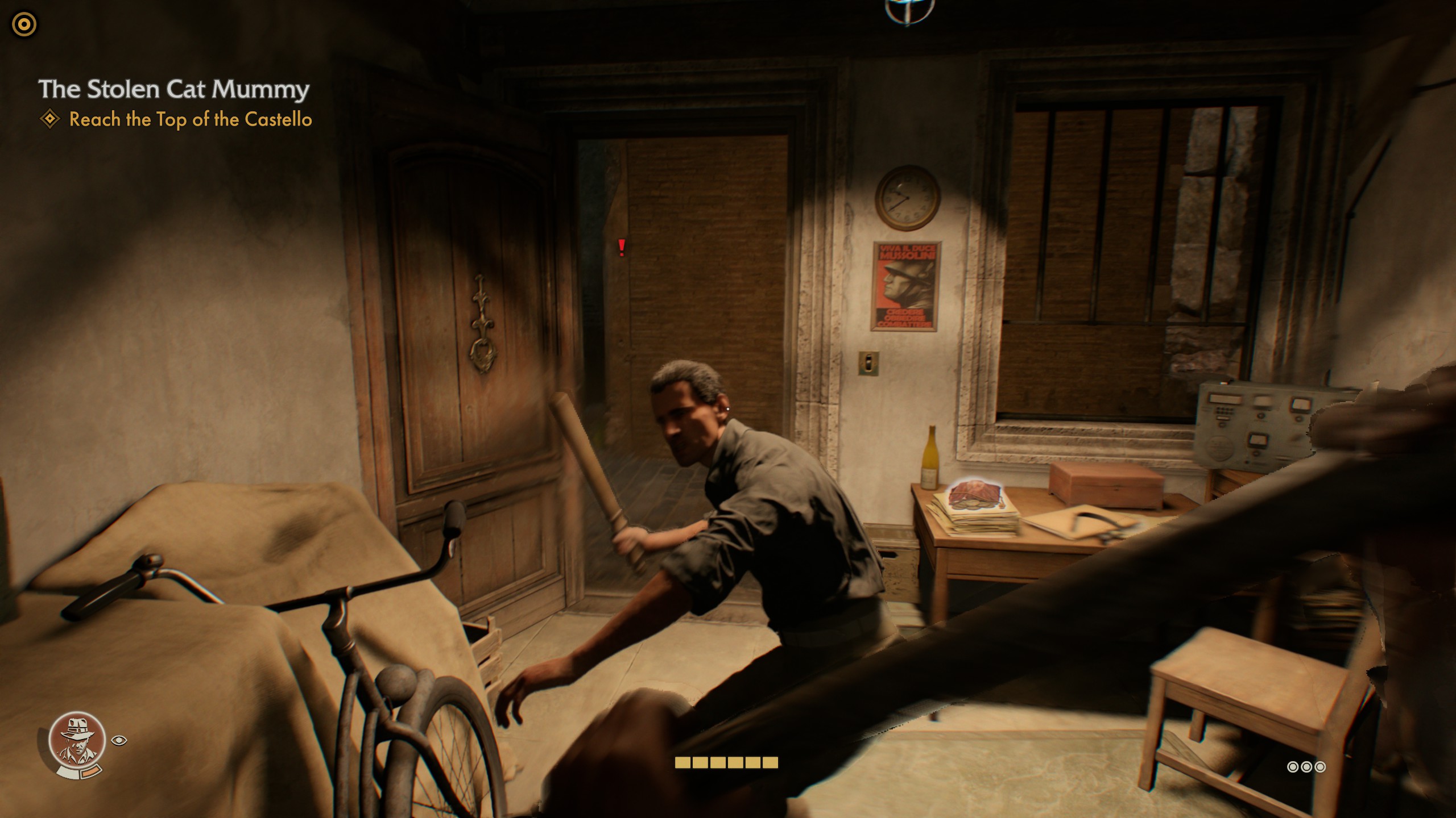 Indy (from a first person perspective) brandishes a rake at a surprised-looking fascist