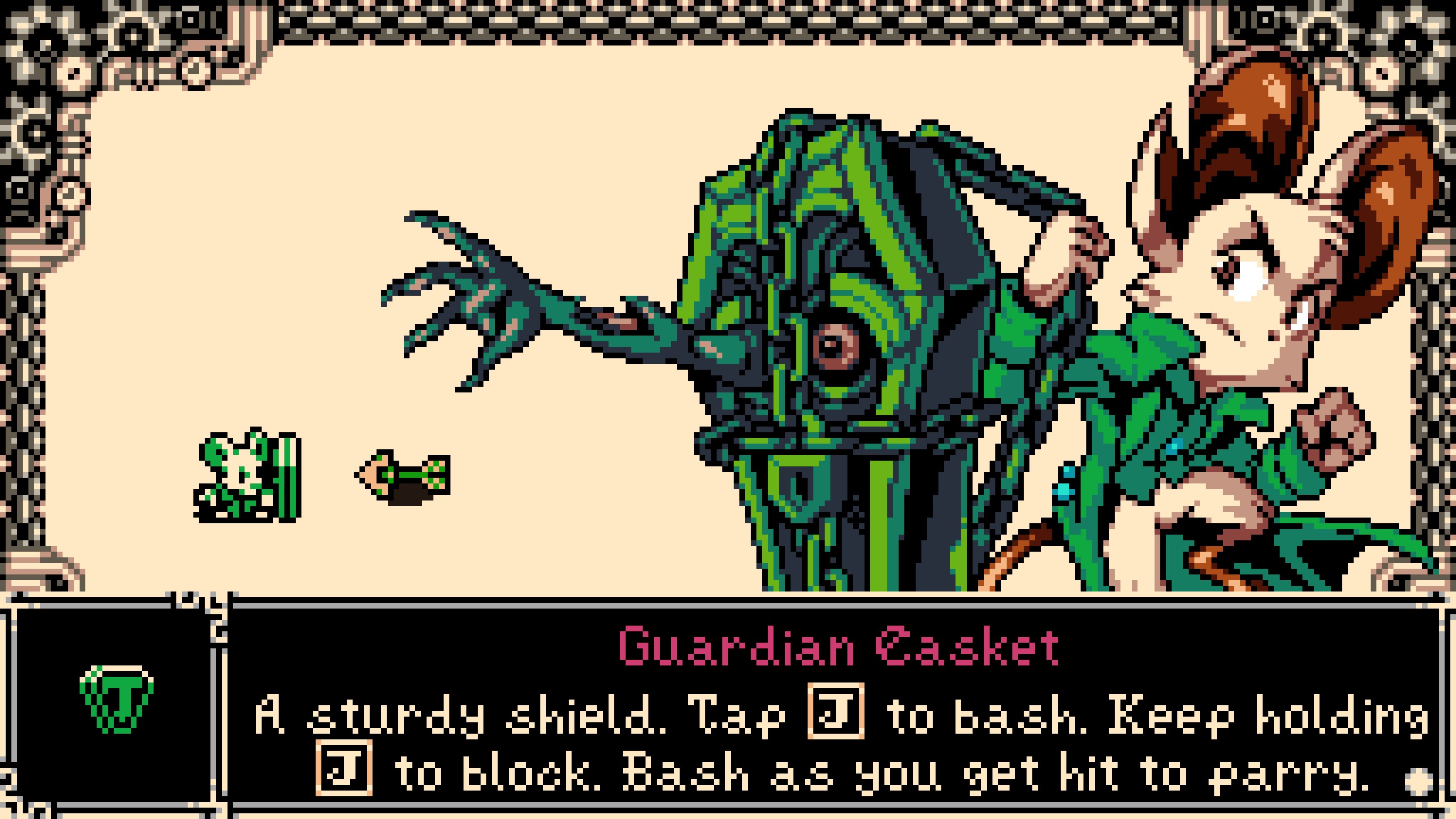 Splash screen of Mina holding a chained-shut casket up as a shield while a rotting arm swipes out from it, with instructional text below