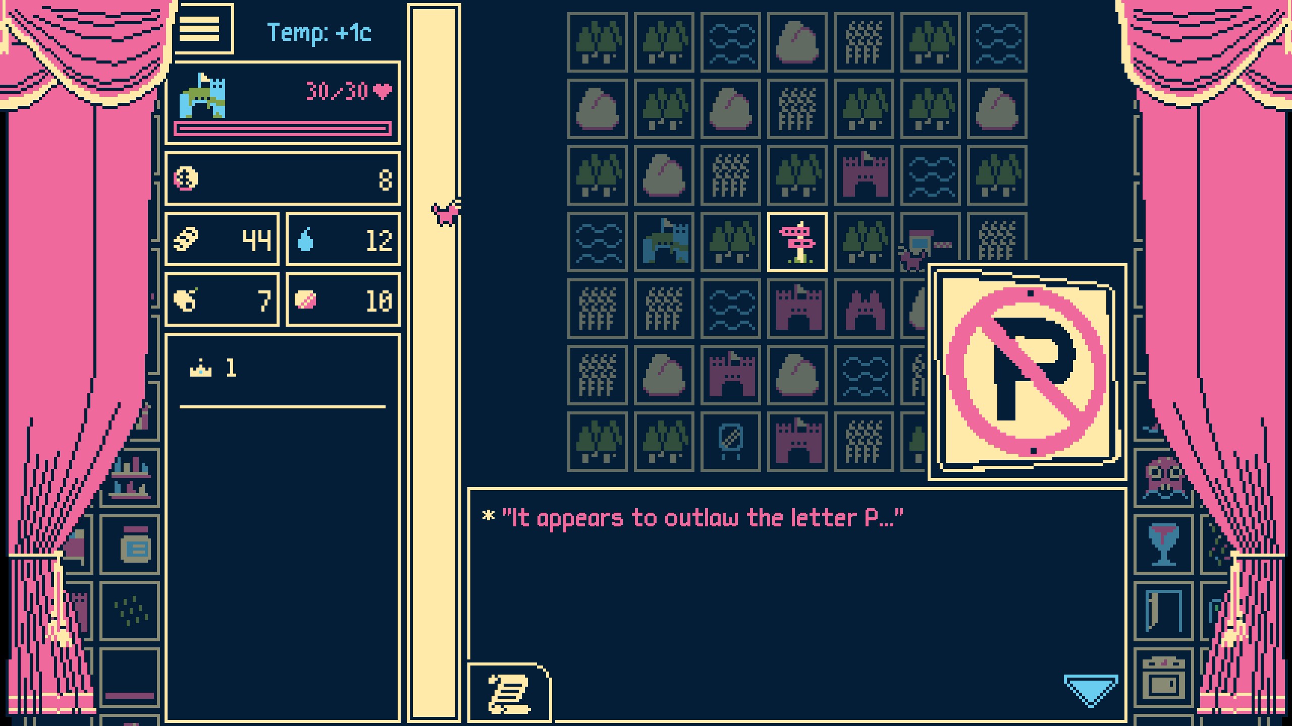 Against the backdrop of the game board of Titanium Court, a panel showing an image of a 'no parking' sign with a crossed-out 'P', and dialogue box showing the text 'It appears to outlaw the letter P...'