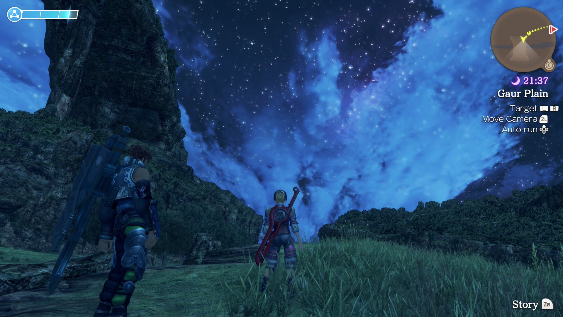 Two characters from Xenoblade Chronicles stand on a grassy path and look up at a star-studded night sky.